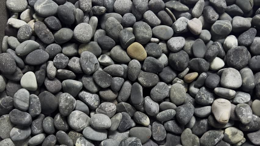 Jakarta, Indonesia - December 21, 2025

Top view of smooth river stones and dark grey pebbles. Natural textured background for zen, spa, and outdoor garden concepts. High quality cinematic footage.