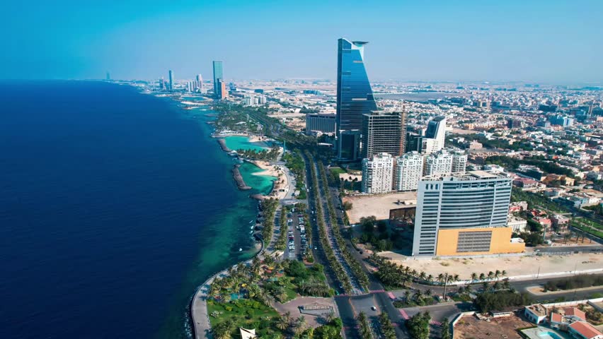 Jeddah Saudi Arabia oct 1 2025: Aerial view of jeddah city in , skyline of Waterfront, Red Sea - drone landscape panorama 4k video
