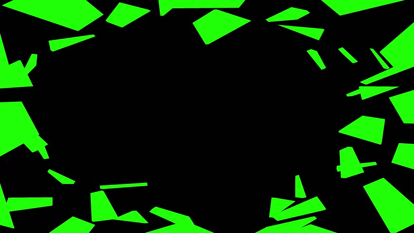Realistic shattered glass explosion with sharp green screen fragments flying outward from a central black void, perfect for cinematic transitions and action video intros.