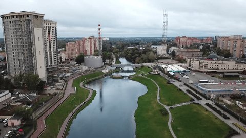 Rising Backward Aerial View City River