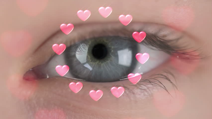 Eye close up. After the first blink - dance of pink hearts. Runaround disappears