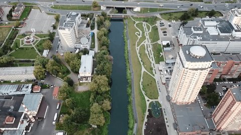 Drone Rotation Overhead Urban River View