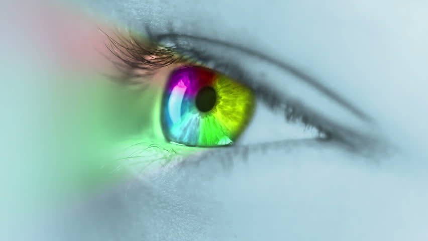 The human eye close-up. On the iris ring is rotated, colored in seven basic