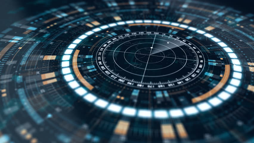 Motion graphic of futuristic radar HUD interface with rotating scanning lines and digital data elements, representing surveillance technology, navigation systems, and advanced data monitoring concepts.