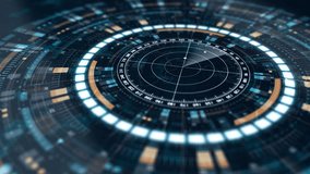 Motion graphic of futuristic radar HUD interface with rotating scanning lines and digital data elements, representing surveillance technology, navigation systems, and advanced data monitoring concepts. - Powered by Shutterstock - Get 15% off with code: PIKWIZARD15