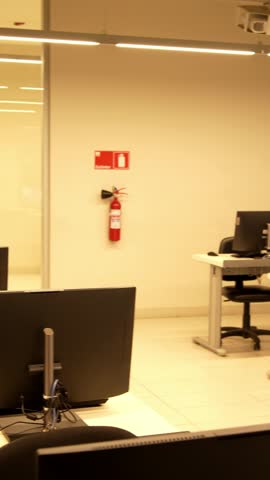 Modern Computer Lab with Multiple Workstations and Professional Lighting, Empty University IT Classroom with Rows of New Desktop Computers