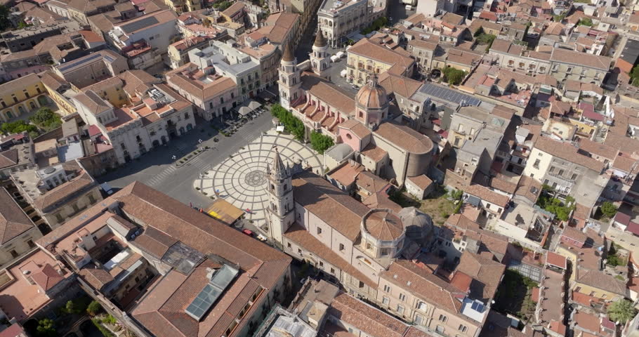Aerial view of Piazza Duomo, located in the historic center of Acireale, in the province of Catania, Sicily, Italy. It is the most important square in the town with a decorative geometric design.