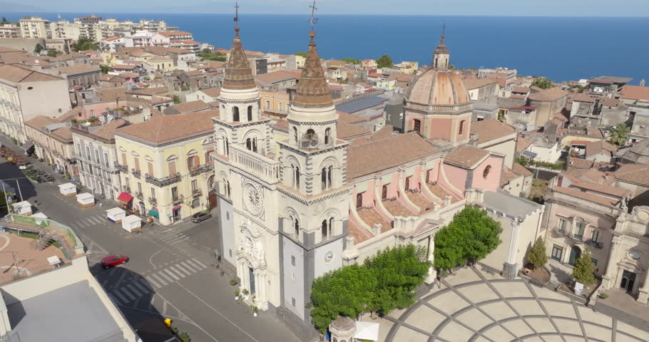 Aerial closeup of the Cathedral of Acireale. It is a Roman Catholic church dedicated to the Annunciation of the Blessed Virgin Mary in the city of Acireale, Sicily, in the province of Catania, Italy.