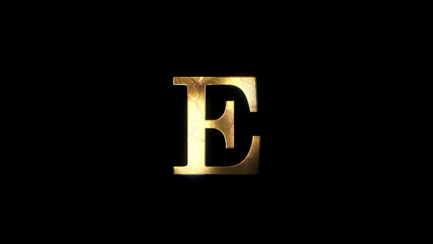 Golden letter E with golden particles and transparent background, alphabet, alpha channel