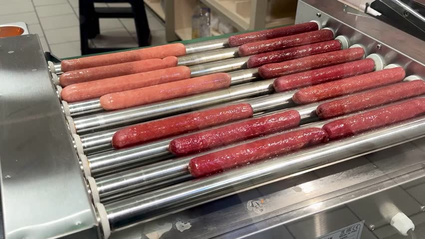 Long delicious hot dogs are sizzling on a roller grill in supermarket indoor, making them the perfect choice for outdoor gatherings and events. Close-up