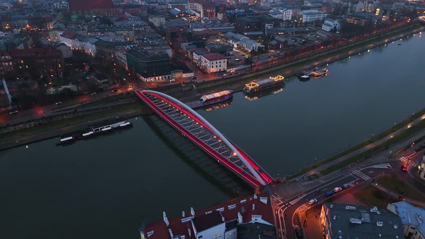 Evening drone view of Bernatka Footbridge (Kladka Bernatka) in Krakow, Poland