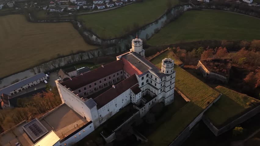 Drone aerial panorama of Willibaldsburg Castle in Eichstaett, Upper Bavaria, Germany. Historic hilltop stronghold, cultural heritage site, and museum complex overlooking the valley and city.
