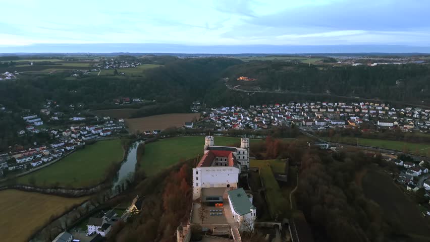 Drone aerial shot of Willibaldsburg Castle in Eichstaett, Bavaria, Germany. Well preserved medieval stronghold aboveold town, combining cultural heritage, historic architecture, scenic valley views