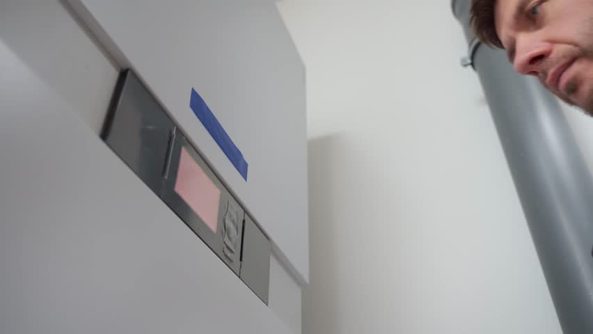 Man adjusting control panel on heat pump inside modern home during installation. Concept of home heating, energy efficiency and HVAC maintenance