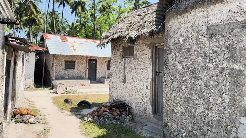 Quiet village lane with coral stone houses in Zanzibar, Tanzania
