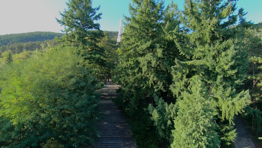 Aerial drone video of the Shipka Memorial Church in Shipka village, Bulgaria, dedicated to Russian, Ukrainian, and Bulgarian soldiers of the Russo-Turkish War, 2019