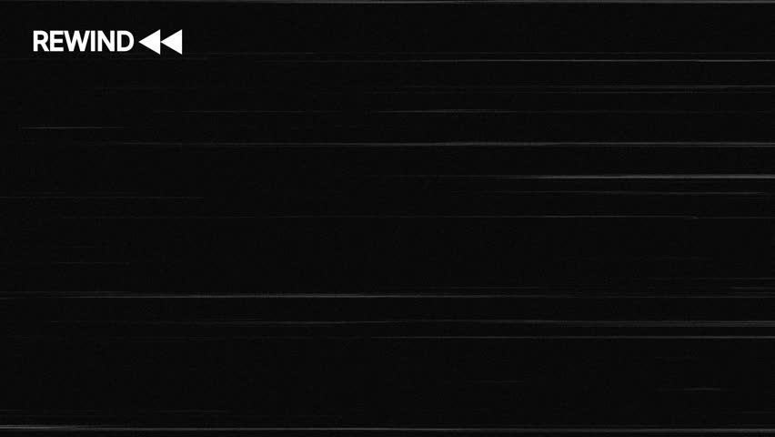 Rewind overlay seamless loop animation with noise and horizontal scratch lines on black background. 4K animated rewind transition for playback effects, time reversal, and flashback video editing.
