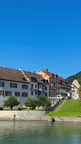 A scenic boat approach to the historic town of Stein am Rhein, Switzerland, showcasing well-preserved medieval architecture and the iconic waterfront of one of Europe’s most beautiful old towns.