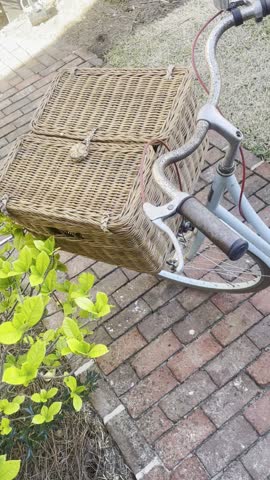 Vintage Bicycle Parked on Brick Driveway in Lush Green Backyard Creating Nostalgic Summer Garden Mood