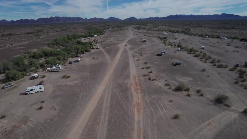 Aerial of campers in a remote desert valley