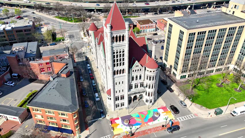 A building designed to make a visual statement that represents the importance of the state of affairs that are held, evaluated, and determined under the roof of this building. Syracuse, NY, USA - April 23, 2025.