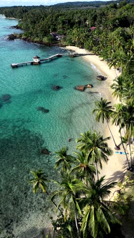 Koh Kood Island in Thailand boasts pristine beaches lined with swaying palm trees and tranquil waters.