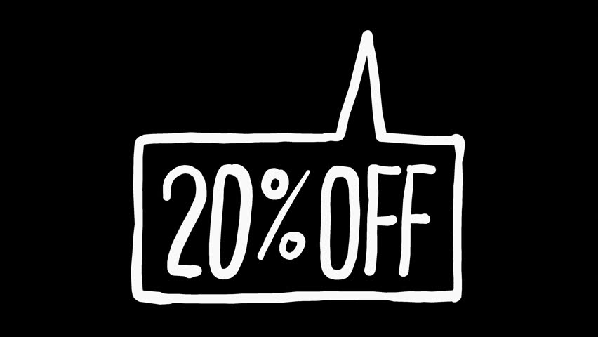 This is a motion graphic animation of a white wiggly hand drawn 20 percent off speech bubble on transparent background, on loop
