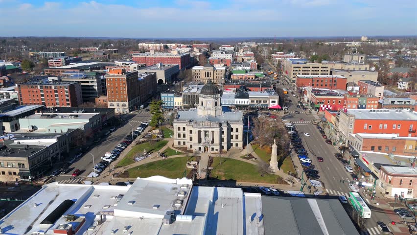 Symmetrical aerial view of Monroe County Courthouse Bloomington Indiana winter