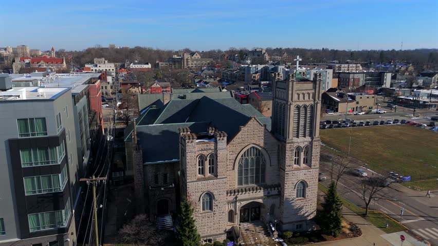 Aerial drone view of historic church downtown Bloomington Indiana