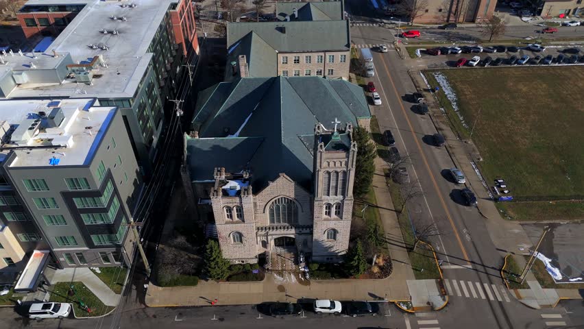 Drone flyaway from First United Methodist Church downtown Bloomington Indiana
