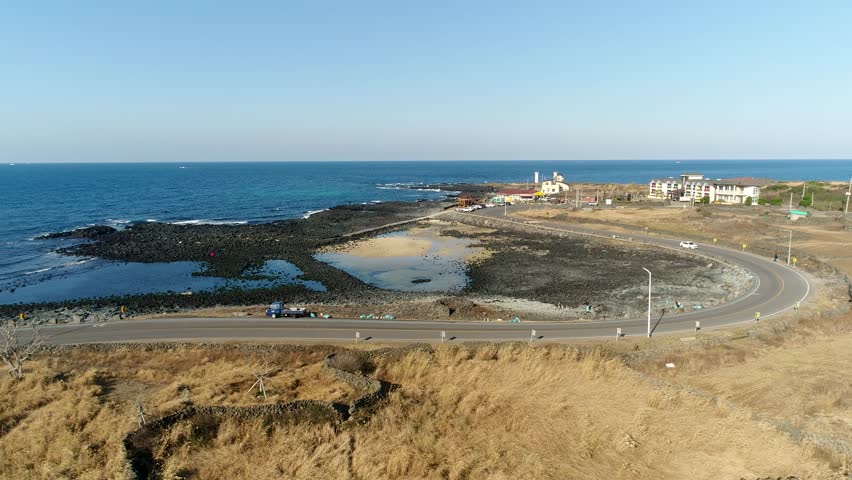 Aerial View of Joham Coastal Road in Jocheon-eup, Jeju Island, South Korea