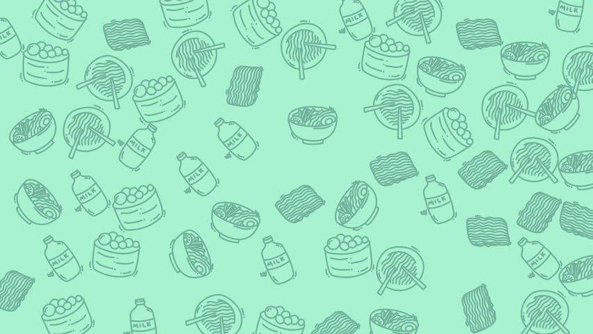 Background with doodlestyle images of foods and drinks like sushi. Suitable for menus, restaurant designs, food blogs, and social media graphics.