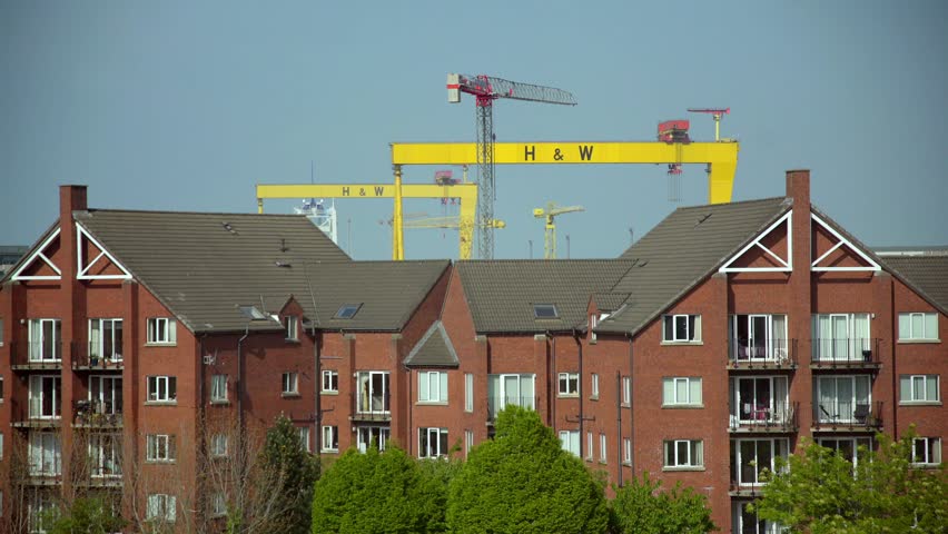 Close-up 4K 25FPS video of Samson and Goliath, the Harland and Wolff cranes in Belfast, Northern Irealnd on a bright and sunny day. Produced with broadcast ready Rec709 color.
