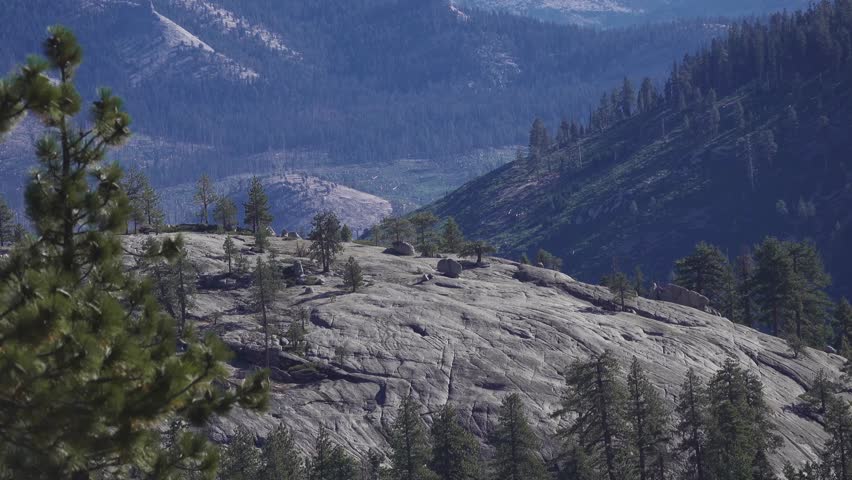 A gentle zoom out captures the high Sierra mountains of Yosemite, where pines and granite formations stretch across the rugged landscape.