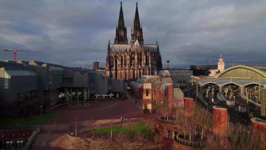 Rising aerial shot of Kölner Dom Cathedral in Cologne, Germany, 4K drone shot.