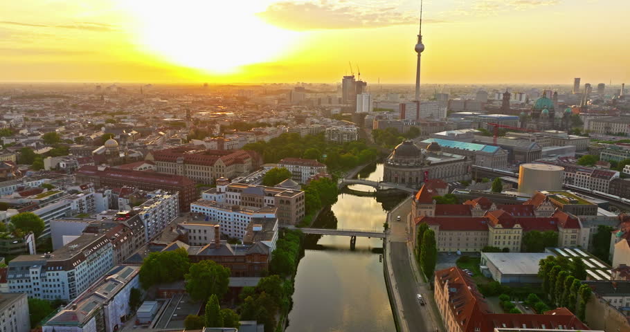 Aerial view of Berlin. Cityscape with roofs architectural landmarks tv tower and other attractions, Germany