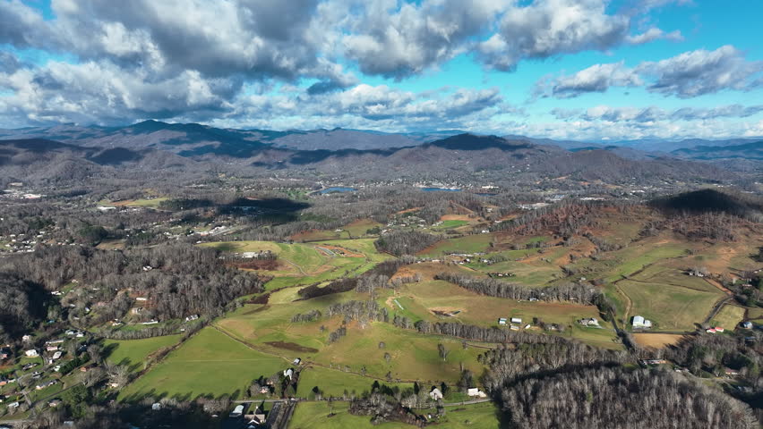 Drone push-in shot over the farmlands of Waynesville, North Carolina.