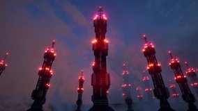 6g farm towers stations on night bg with advanced antenna systems and cellular signal waves 4k. 3D Illustration - Powered by Shutterstock - Get 15% off with code: PIKWIZARD15