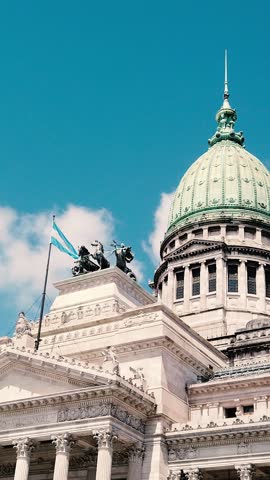 Vertical building landscape, Congress of Argentina, National flag in Buenos Aires city skyline