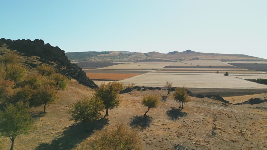 Măcin Mountains, Tulcea County, Romania - A Dry, Open Landscape Stretches Across Rolling Plains, Dotted with Sparse Trees and Framed by Low Rocky Hills Under a Clear Sky - Drone Flying Forward