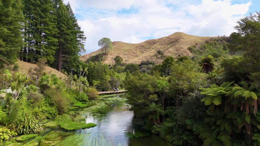 A 4K drone captures the beautiful river at Blue Springs in New Zealand’s North Island. Clear waters, lush greenery, and peaceful surroundings highlight the natural beauty of the area.