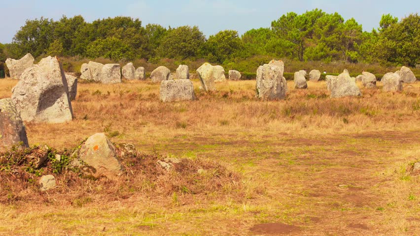 Unesco World Heritage Site - Alignements of Carnac, Historical Landmark In Carnac, France. Pan Right Shot