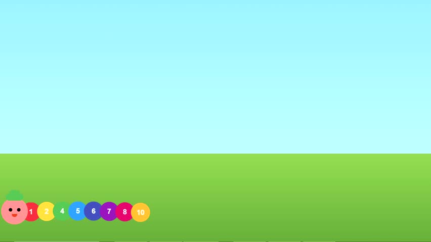 Cute cartoon caterpillar with numbered colorful body segments crawling across a green field. Educational animation for kids learning to count from one to ten.