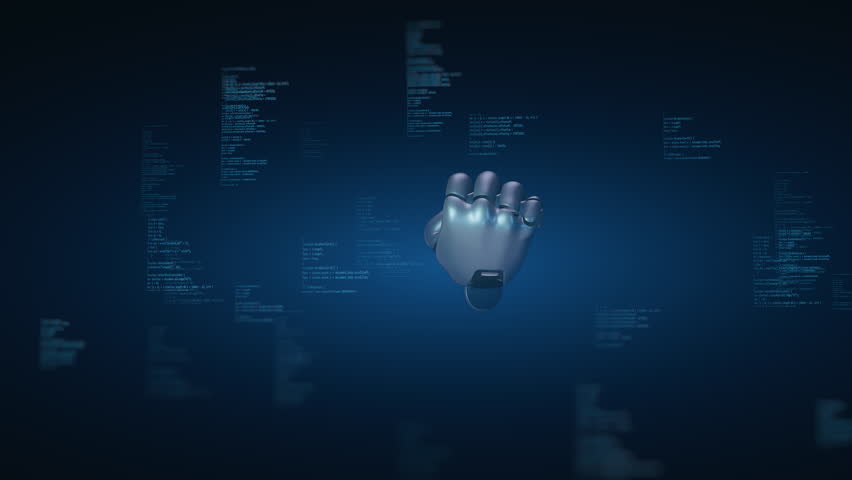 3D render: Robotic hand holding glowing AI cube. Digital data, programming code, charts, graphs background. Represents artificial intelligence, machine learning, future technology, computing