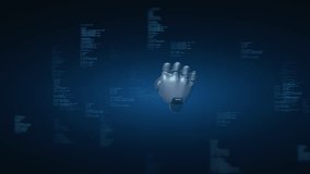 3D render: Robotic hand holding glowing AI cube. Digital data, programming code, charts, graphs background. Represents artificial intelligence, machine learning, future technology, computing - Powered by Shutterstock - Get 15% off with code: PIKWIZARD15