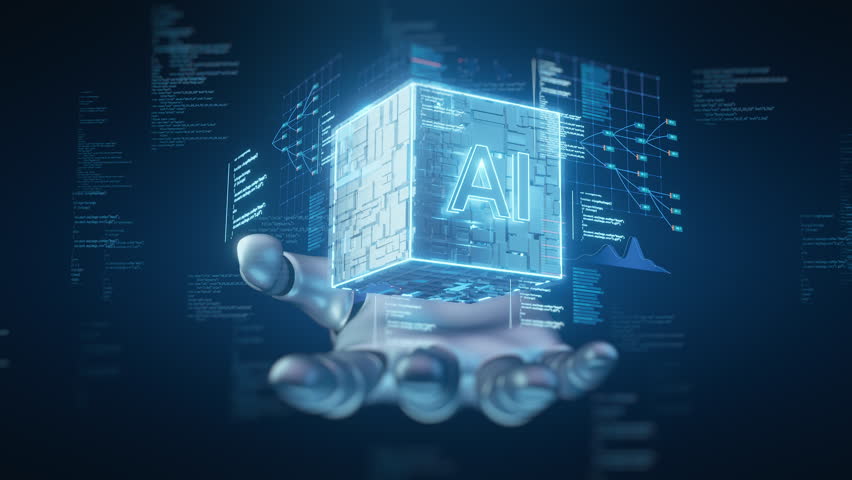 3D render: Robotic hand holding glowing AI cube. Digital data, programming code, charts, graphs background. Represents artificial intelligence, machine learning, future technology, computing
