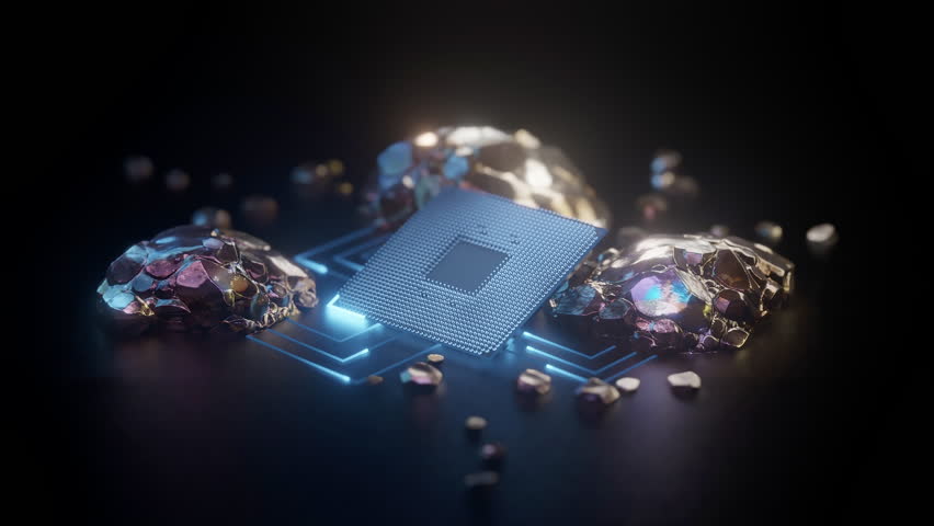 3D render: CPU microchip surrounded by glowing rare earth minerals, dark background. Symbolizes advanced technology production, raw materials, supply chain, innovation, electronics. Concept for