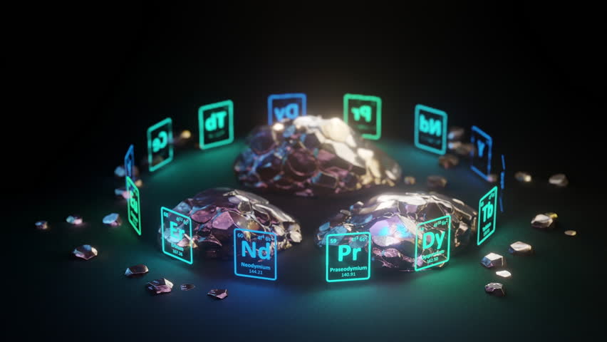 3D render: Rare earth minerals, glowing periodic elements Neodymium Praseodymium, dark futuristic background. Essential for chips, EV batteries, modern electronics, green technology. Science