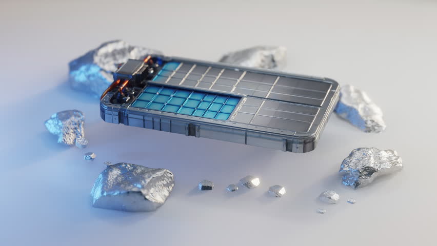 3D render: EV battery pack with glowing cells, surrounded by rare earth elements Nd, Dy, Pr, La, Ce, raw materials. Represents critical minerals, electric vehicle technology, sustainable energy