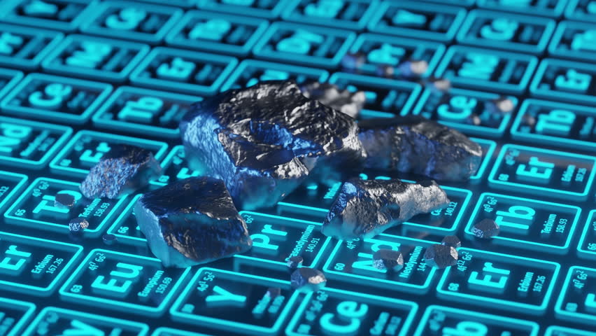 3D render: Rare earth minerals, metallic lumps, glowing periodic table. Essential for microchips, EV batteries, high-tech manufacturing. Represents global supply chain, innovation, electronics
